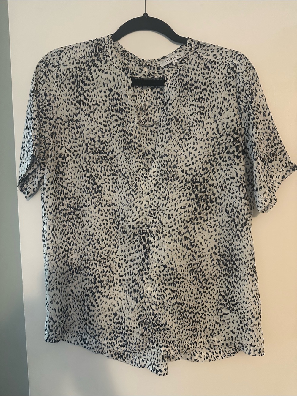 Olivaceous Black and White Leopard Short Sleeve Blouse with Keyhole Neckline